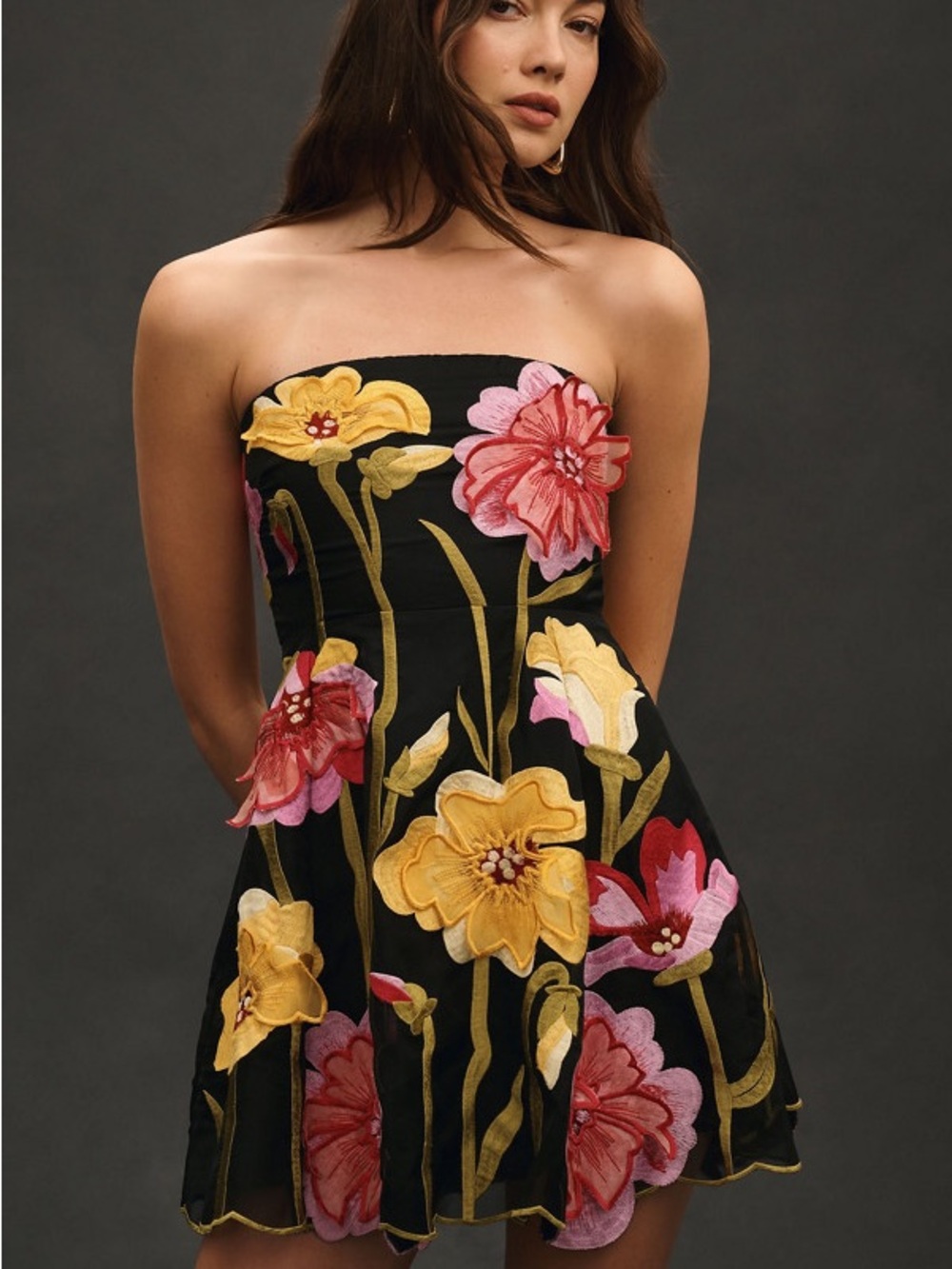 Anthropologie Strapless Floral Organza Dress